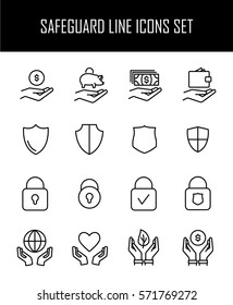 Set of safeguard icons in modern thin line style. High quality black outline security symbols for web site design and mobile apps. Simple guard pictograms on a white background.