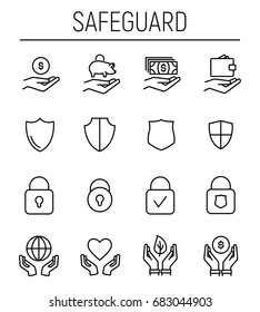 Conjunto de iconos de salvaguarda en estilo de línea delgada moderna. Símbolos de seguridad de contorno negro de alta calidad para el diseño de Sitios web y App móviles. Pictogramas de guardia simples sobre un fondo blanco.