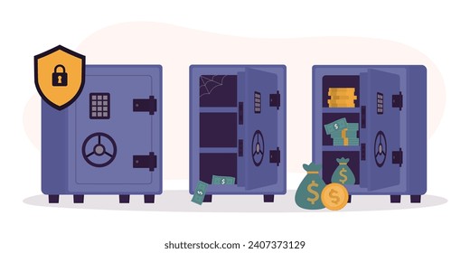 Set of safes with money, closed and empty. Steel safe with combination lock Isolated on white background. Armored box. Reliable data protection. Long term savings. Protection of personal information.