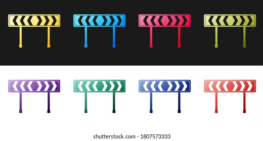 Set Safety barricade symbol icon isolated on black and white background. Traffic sign road. Road block sign. Vector.