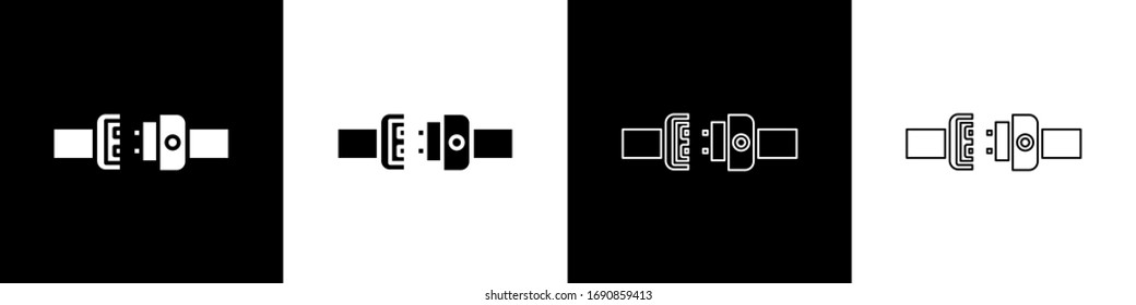 Set Safety belt icon isolated on black and white background. Seat belt.  Vector Illustration