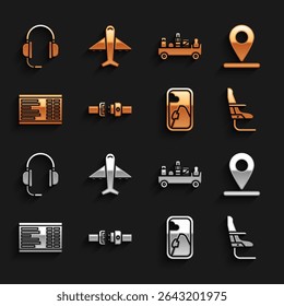 Set Safety belt, Location, Airplane seat, window, Airport board, luggage towing truck, Headphones with microphone and Plane icon. Vector
