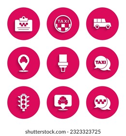 Set Safety belt, Location with taxi, Taxi call telephone service, Traffic light, Car and driver license icon. Vector
