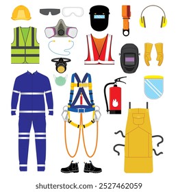 Set of safety body wear for industrial and construction work icon and symbol. Helmet, goggles, shoes, uniform, harness, welding shield.