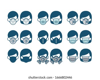 Set of Safety breathing mask on man and woman face vector have various type of mask n95 medical carbon surgical paper gas mask for prevent covid-19 coronavirus dust pm2.5  pollution toxic chemi gas 