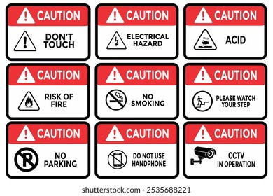 Conjunto de signos de seguridad y precaución. Señales de peligro y alertas.