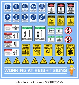 Set of safety caution signs and symbols of working at heights, Working at height signs to use in worldwide construction and industrial services