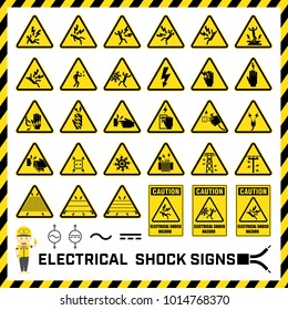 Set Of Safety Caution Signs And Symbols Of Electrical Shock Hazards, Labels And Signs For Caution Messages Of Electrical Operations.