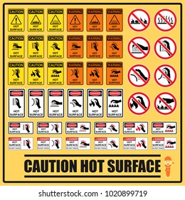 Set of safety caution signs and symbols of the hot surface, Labels and signs using for all hot surfaces prevention.