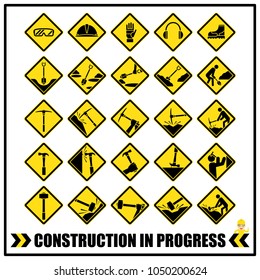 Set of safety caution signs and symbols for all construction site or general construction services, Basic safety personal protective equipment PPE signs.