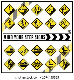 Set of safety caution signs and symbols for prevent slips, trips and falls accident, Mind your step safety signs use for reduce the risk of slips, trips and falls injuries in the workplace.