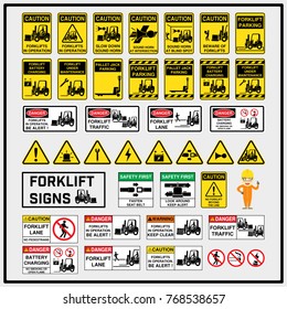 Set of safety caution signs and symbols of forklift operation, Forklift operation signs to use in supply industrial, Fork truck, Lift truck