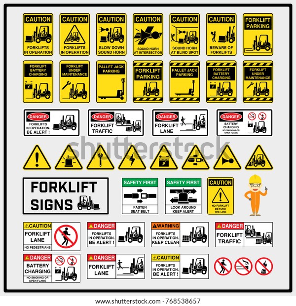 フォークリフト運転の安全警告標識及び記号のセット 供給産業に使用するフォークリフト運転標識 フォークトラック リフト トラック のベクター画像素材 ロイヤリティフリー