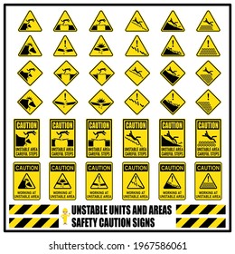 Set of safety caution and warning signs of unstable units and areas that may lead to accident. Risk of working at unstable area. Accident prevention signs and symbols for workplace. 