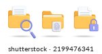 Set of safety computer file folder symbols with documents design. Folder with search icon, magnifying glass, lock, security shield and finger print protection, id  authentication icon. Digital file