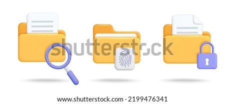 Set of safety computer file folder symbols with documents design. Folder with search icon, magnifying glass, lock, security shield and finger print protection, id  authentication icon. Digital file