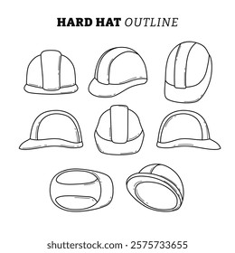 Set of Safety construction helmet outline collection with line art style,with various view or composition, hard hat with different view angles, construction safety industry hat protective worker