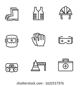 Set of safety equipment for industrial works icon in thin line design isolated on white background 