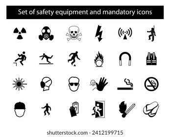 Set von Sicherheitsausrüstung und obligatorischem Symbol. Symbole für Gesundheit und Arbeitssicherheit, Hände weg, Schutzhelm, Handschuhe, Ohr- und Augenschutz, Maske, kein Zugang, kein Rauchen, Raucherzone. Vektorgrafik.