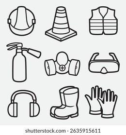 set of safety equipment with outline style good for icon, symbol, element design, coloring book, coloring page, etc