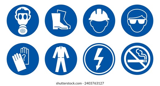 Set of safety equipment signs. Mandatory construction and industry signs. Collection of safety and health protection equipment. Protection on work. Vector illustration.