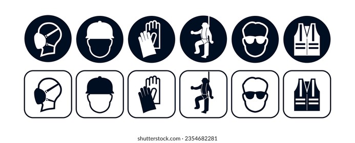 Set of safety equipment signs. Work safety icon. Essential construction and industry signs. Collection of safety and health protection equipment. Vector.