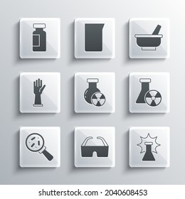 Set Safety goggle glasses, Chemical explosion, Test tube radiation, Microorganisms under magnifier, Medical rubber gloves, and flask and Mortar pestle icon. Vector