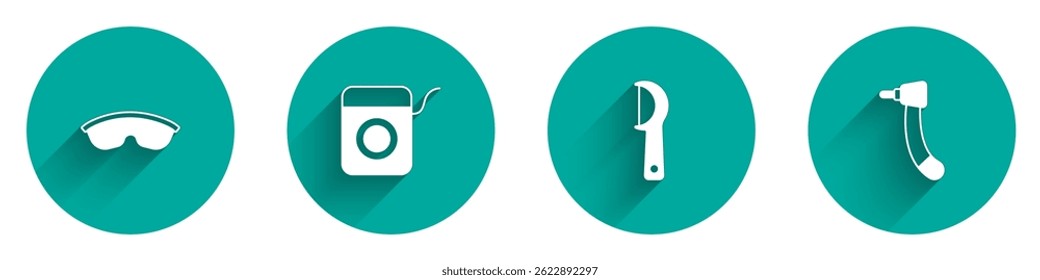 Set Safety goggle glasses, Dental floss,  and Tooth drill icon with long shadow. Vector