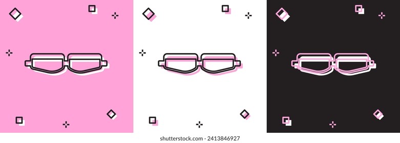 Establece el icono Gafas de seguridad aisladas en fondo rosa y blanco, negro.  Ilustración vectorial