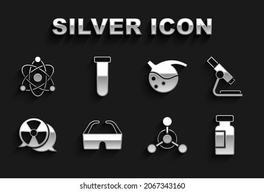 Set Safety goggle glasses, Microscope, Test tube and flask, Molecule, Radioactive, Atom and  icon. Vector