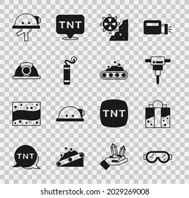 Juego Gafas de gafas de seguridad, Entrada de mina, Martillo de construcción, excavadora de rueda de cubo, Dinamita, casco de minero y correa de transporte con icono de carbón. Vector