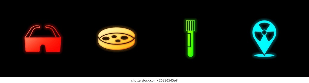 Conjunto de gafas de seguridad, placa de Petri con bacterias, tubo de ensayo y frasco y radiactivo en el icono de ubicación. Vector