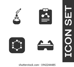 Set Safety goggle glasses, Test tube and flask, Formula of benzene rings and Chemistry report icon. Vector