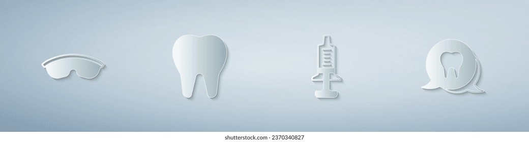 Set Safety goggle glasses, Tooth, Syringe and . Paper art style. Vector