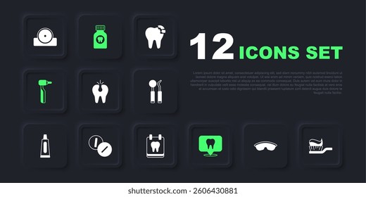 Set Safety goggle glasses, Toothbrush with toothpaste, Broken, Dental clinic location, drill, Toothache painkiller tablet,  and Calendar icon. Vector