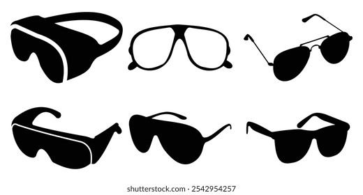 Set of safety goggles in a flat style vector icon silhouette illustration. Swimming sport and lab eyeglass for eye protection.