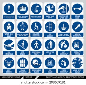 Set Of Safety And Health Protection Signs. Mandatory Construction And Industry Signs. Collection Of Safety Equipment. Protection On Work. Vector Illustration.