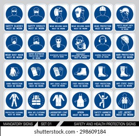 Set von Sicherheits- und Gesundheitsschutzschildern. Obligatorische Bau- und Industrieschilder. Sammlung von Sicherheitsausrüstungen. Schutz am Arbeitsplatz.  Vektorgrafik.