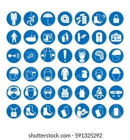 Set of safety and health protection signs. Mandatory construction and industry signs. Collection of safety equipment. Protection on work. Vector illustration