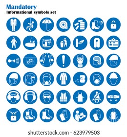 Set of safety and health protection signs. Mandatory construction and industry signs. Collection of safety equipment. Protection on work. Vector illustration