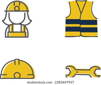 Set of Safety helmet, Worker safety vest, Wrench spanner and icon. Vector