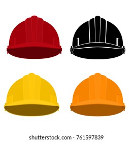 Set of Safety Helmets , Colored and Black Working Hard Hat Safety Helmets on a White Background , Vector Illustration