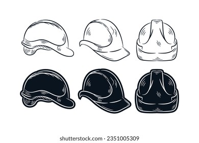 Set of safety helmets line drawing silhouette sketch vector icon logo illustration. Labor day element design.