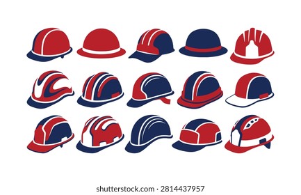 Set of safety helmets, protective headwear. Builder, industrial caps icons.