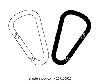 Set of safety hiking metal mountain climbing carabiners. Black and contour. Clip art vector illustration isolated on white