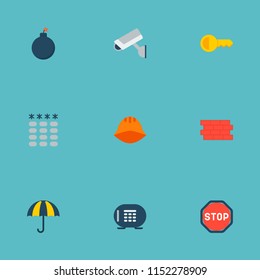 Set of safety icons flat style symbols with bomb, helmet, umbrella and other icons for your web mobile app logo design.