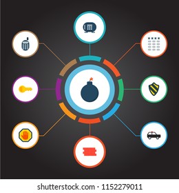 Set of safety icons flat style symbols with key, bomb, vault and other icons for your web mobile app logo design.