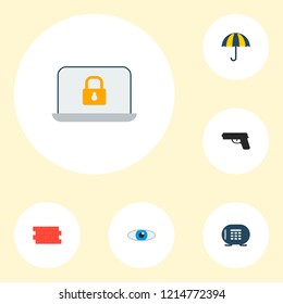 Set of safety icons flat style symbols with umbrella, weapon, laptop and other icons for your web mobile app logo design.