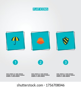 Conjunto de iconos de seguridad símbolos de estilo plano con casco, paraguas, protección y otros iconos para el diseño del logotipo de su aplicación web móvil.