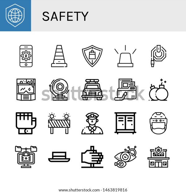 Set of\
safety icons such as Shield, Password, Cone, Protection, Emergency,\
Water hose, Helmet, School bell, Police car, Virus, Bomb, Gloves,\
Barrier, Cop, Lockers, Lock ,\
safety